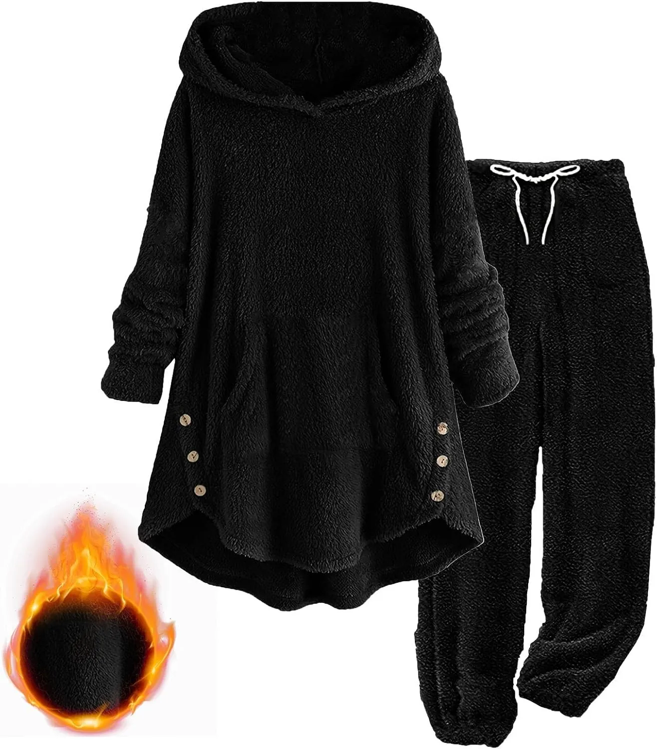 Fuzzy Pajamas Set for Women Winter Warm Fluffy Plush Sleepwear Plus Size Sherpa Hoodie Tops and Drawstring Pants