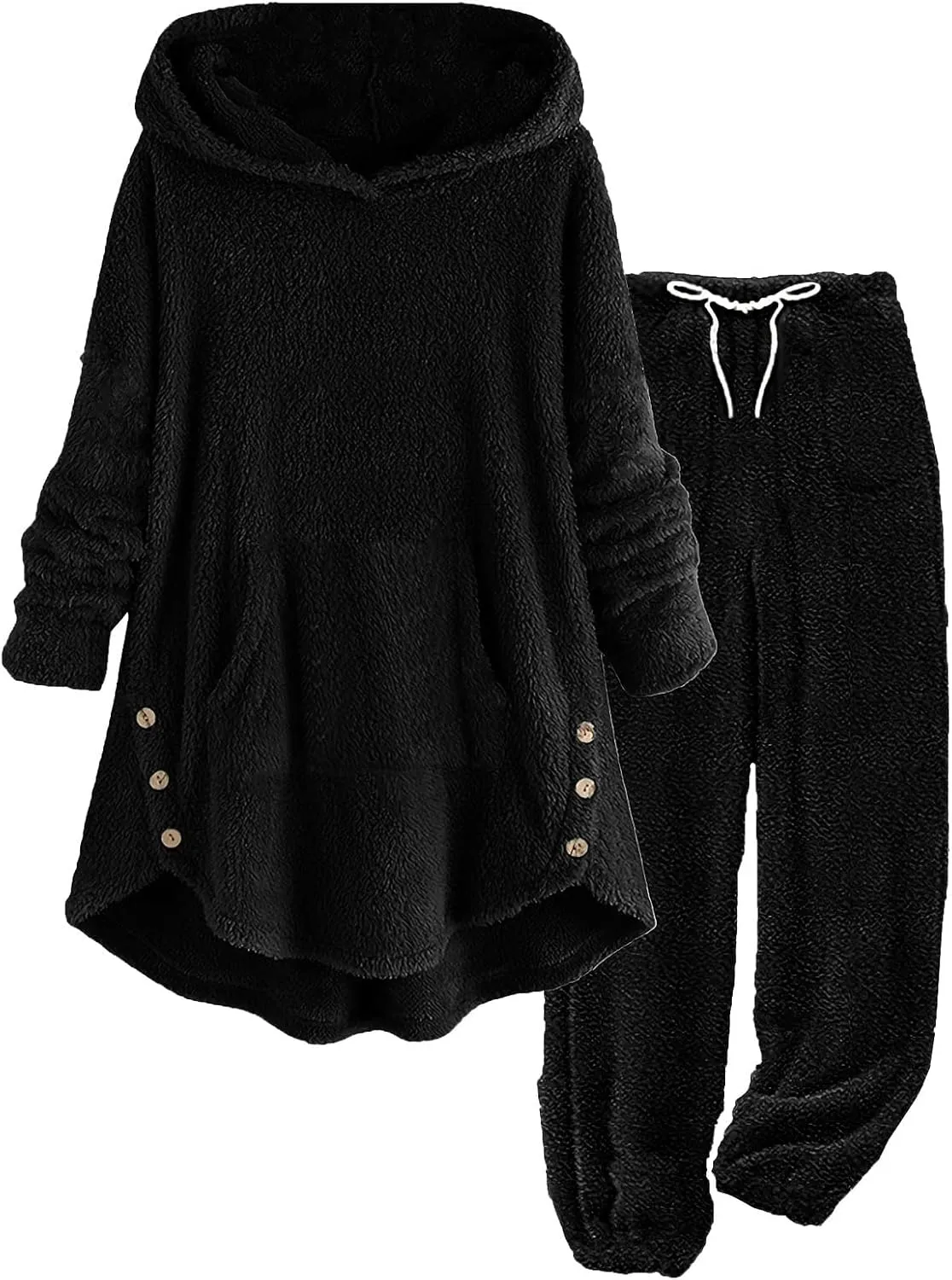 Fuzzy Pajamas Set for Women Winter Warm Fluffy Plush Sleepwear Plus Size Sherpa Hoodie Tops and Drawstring Pants