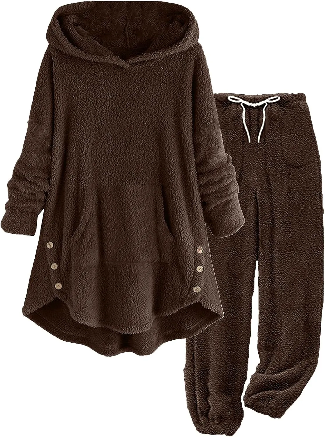 Fuzzy Pajamas Set for Women Winter Warm Fluffy Plush Sleepwear Plus Size Sherpa Hoodie Tops and Drawstring Pants