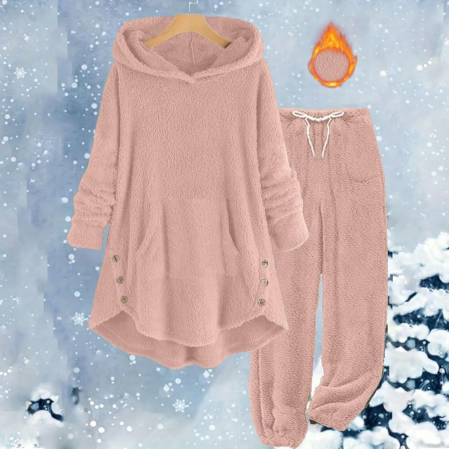 Fuzzy Pajamas Set for Women Winter Warm Fluffy Plush Sleepwear Plus Size Sherpa Hoodie Tops and Drawstring Pants