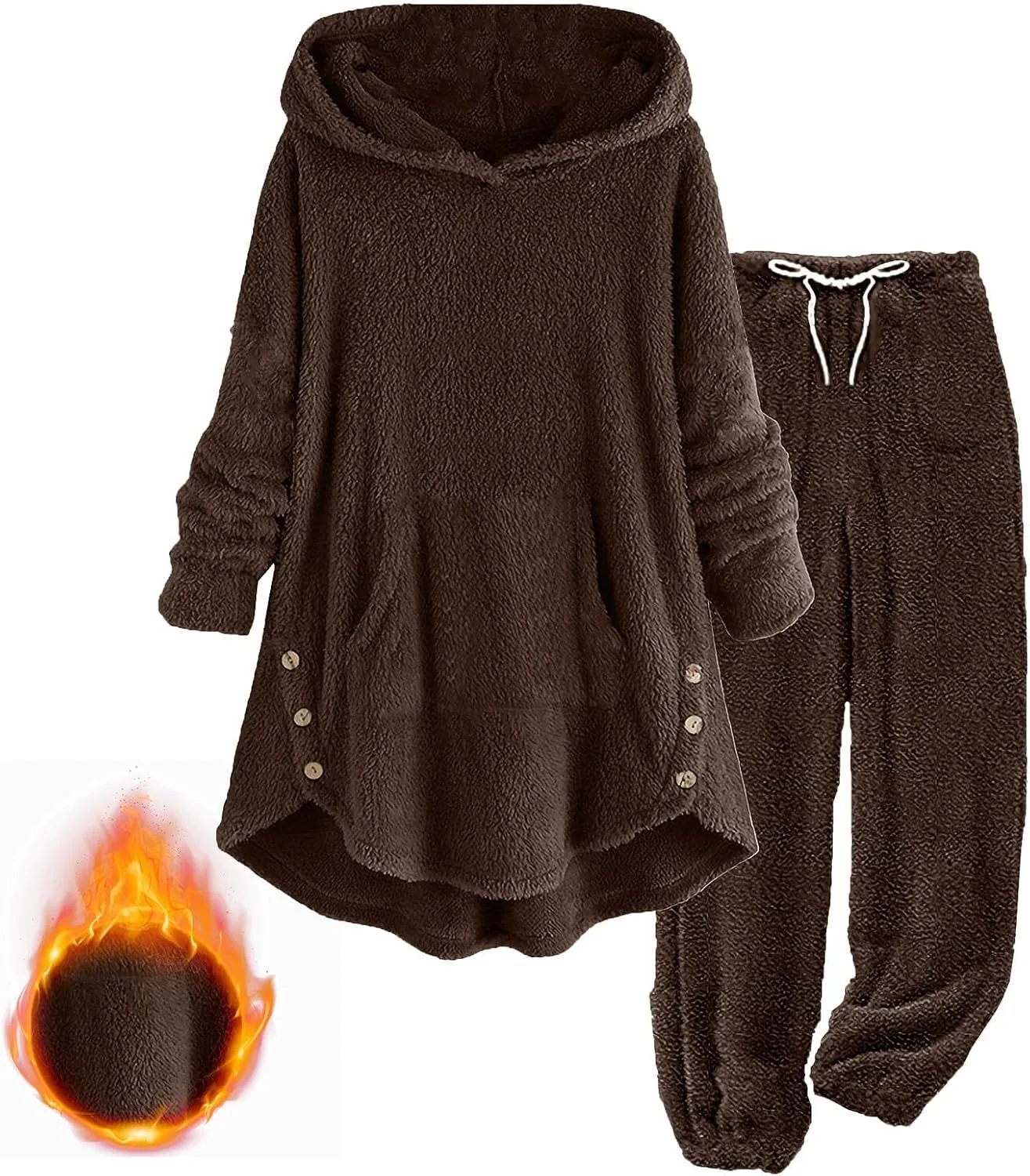 Fuzzy Pajamas Set for Women Winter Warm Fluffy Plush Sleepwear Plus Size Sherpa Hoodie Tops and Drawstring Pants