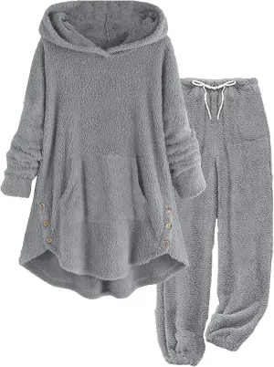 Fuzzy Pajamas Set for Women Winter Warm Fluffy Plush Sleepwear Plus Size Sherpa Hoodie Tops and Drawstring Pants