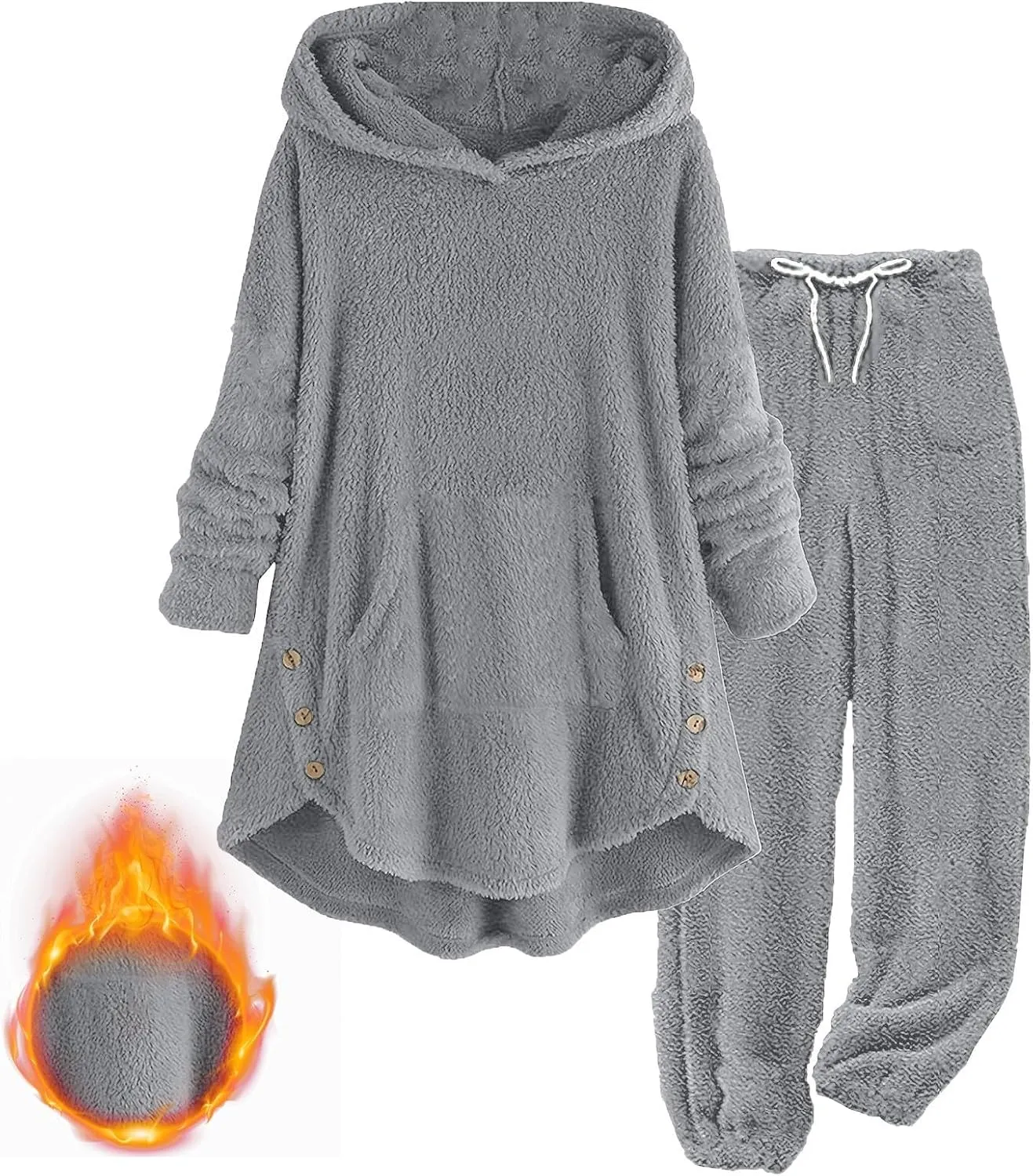 Fuzzy Pajamas Set for Women Winter Warm Fluffy Plush Sleepwear Plus Size Sherpa Hoodie Tops and Drawstring Pants