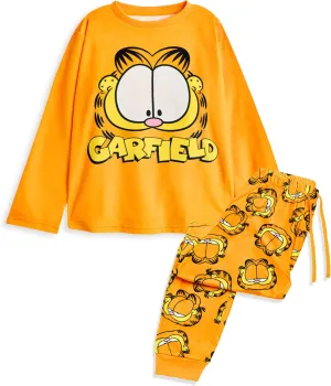 Garfield Kids 2 Piece Pyjama Set | Velour Fleece Children's Orange Lazy Cat Long Leg Bottoms & Long Sleeve Night Top