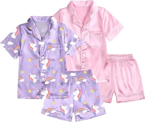 Girls 4 Piece Pajamas Set Silk Button-Up Top and Shorts Boys Sleepwear Nightwear for Kids