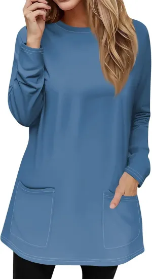GOFULY Womens Dressy Tunic Tops Long Sleeve Crewneck Work Shirts Fall Elegant Blouses Solid Casual Winter Outfit with Pockets