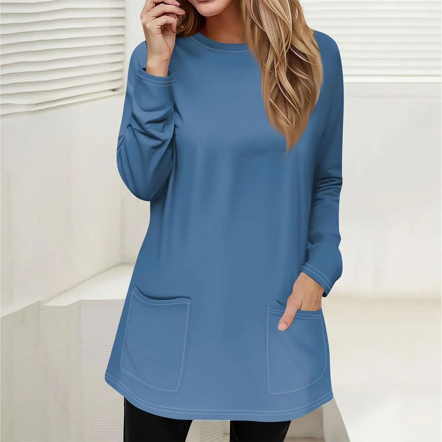 GOFULY Womens Dressy Tunic Tops Long Sleeve Crewneck Work Shirts Fall Elegant Blouses Solid Casual Winter Outfit with Pockets