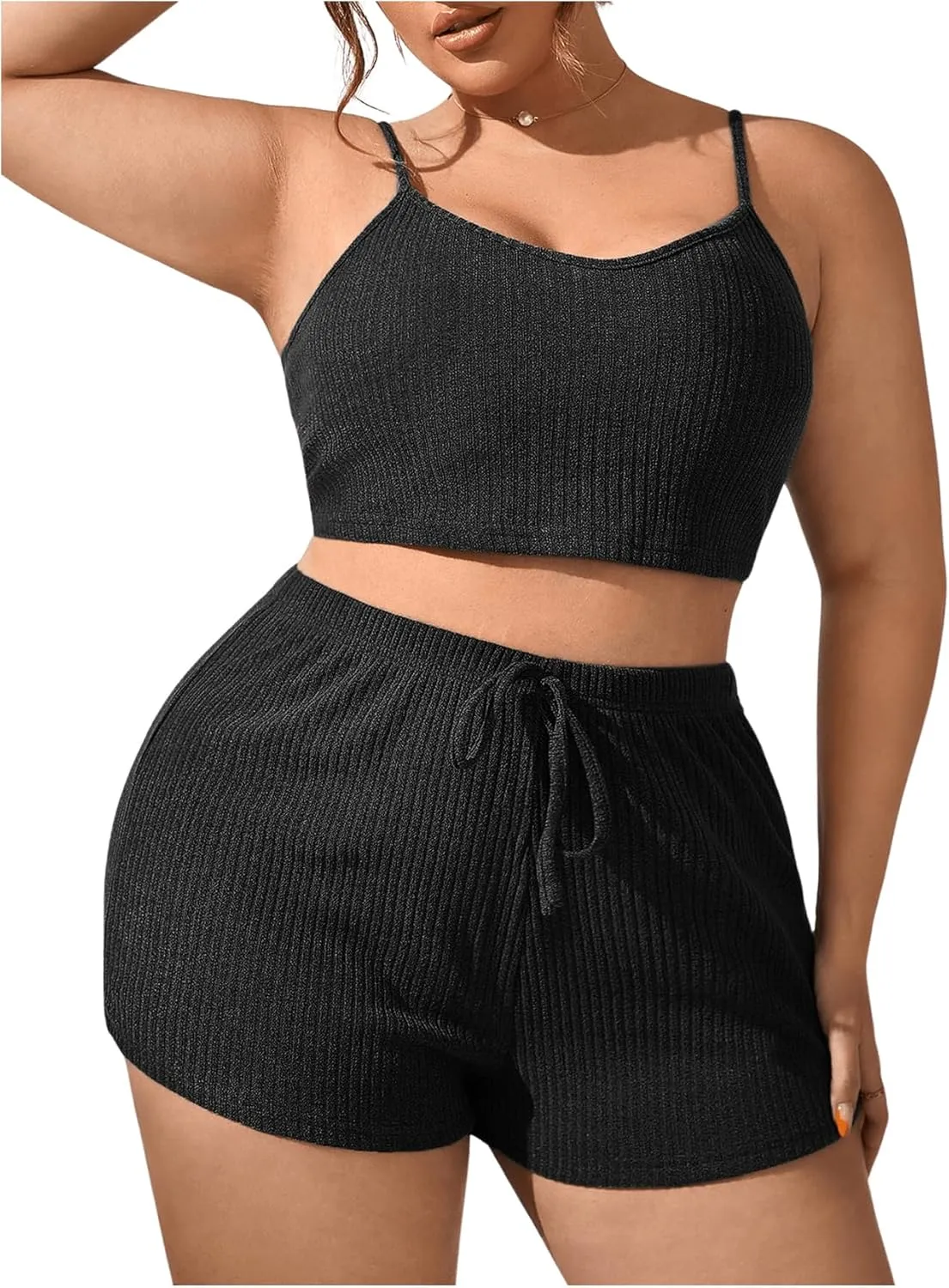 GORGLITTER Women's Plus Size Sleepwear 2 Piece Ribbed Knit Loungewear Cami Crop Top and Shorts Lounge Pjs Pajama Sets