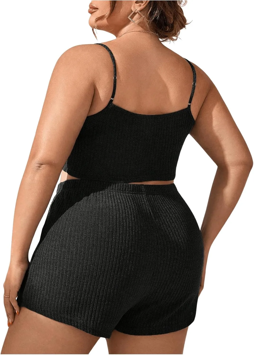 GORGLITTER Women's Plus Size Sleepwear 2 Piece Ribbed Knit Loungewear Cami Crop Top and Shorts Lounge Pjs Pajama Sets