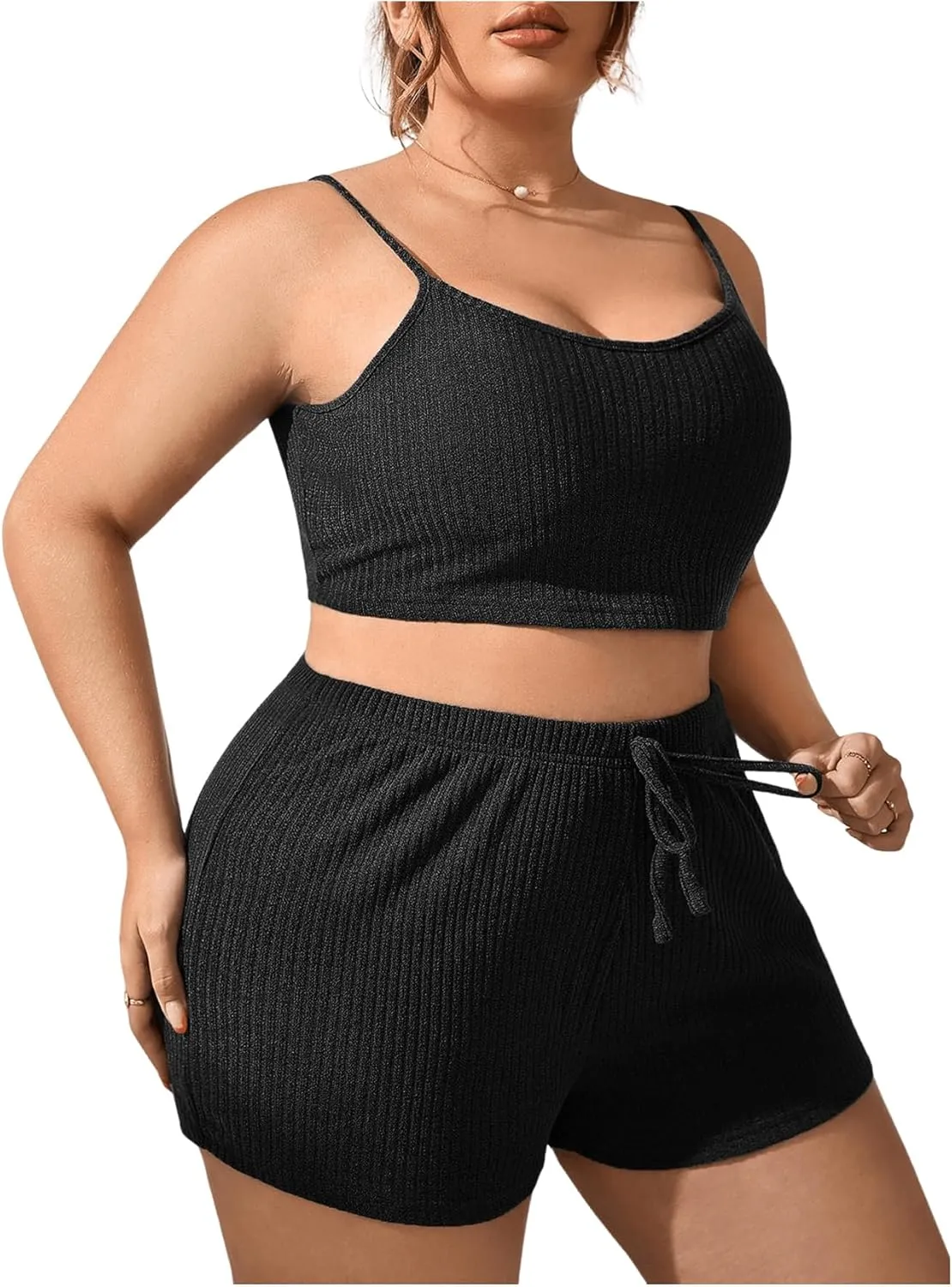 GORGLITTER Women's Plus Size Sleepwear 2 Piece Ribbed Knit Loungewear Cami Crop Top and Shorts Lounge Pjs Pajama Sets