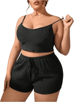 GORGLITTER Women's Plus Size Sleepwear 2 Piece Ribbed Knit Loungewear Cami Crop Top and Shorts Lounge Pjs Pajama Sets