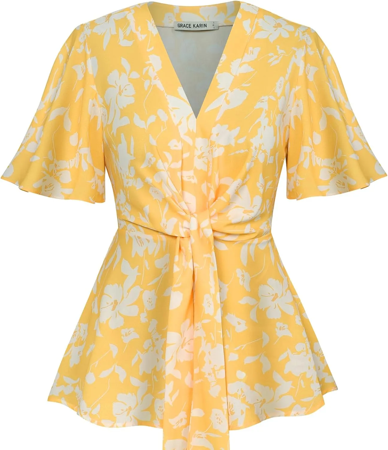 GRACE KARIN 2024 Women's Elegant V Neck Floral Peplum Tops Tie Front Short Bell Sleeve Shirts Tops Blouse