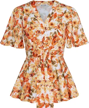 GRACE KARIN 2024 Women's Elegant V Neck Floral Peplum Tops Tie Front Short Bell Sleeve Shirts Tops Blouse