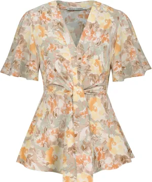 GRACE KARIN 2024 Women's Elegant V Neck Floral Peplum Tops Tie Front Short Bell Sleeve Shirts Tops Blouse