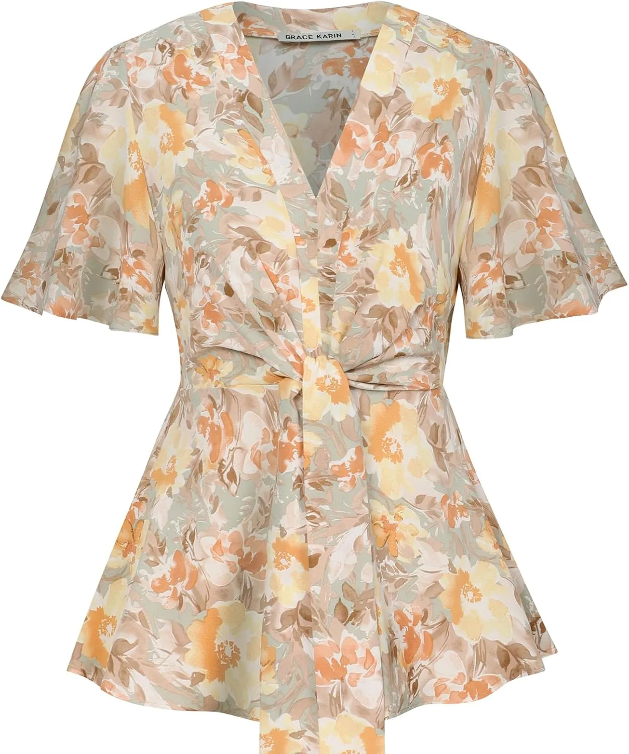 GRACE KARIN 2024 Women's Elegant V Neck Floral Peplum Tops Tie Front Short Bell Sleeve Shirts Tops Blouse
