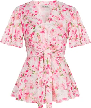 GRACE KARIN 2024 Women's Elegant V Neck Floral Peplum Tops Tie Front Short Bell Sleeve Shirts Tops Blouse