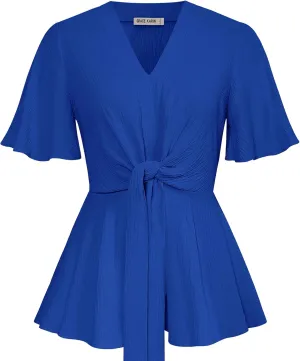 GRACE KARIN 2024 Women's Elegant V Neck Peplum Tops Tie Front Short Bell Sleeve Shirts Tops Blouse