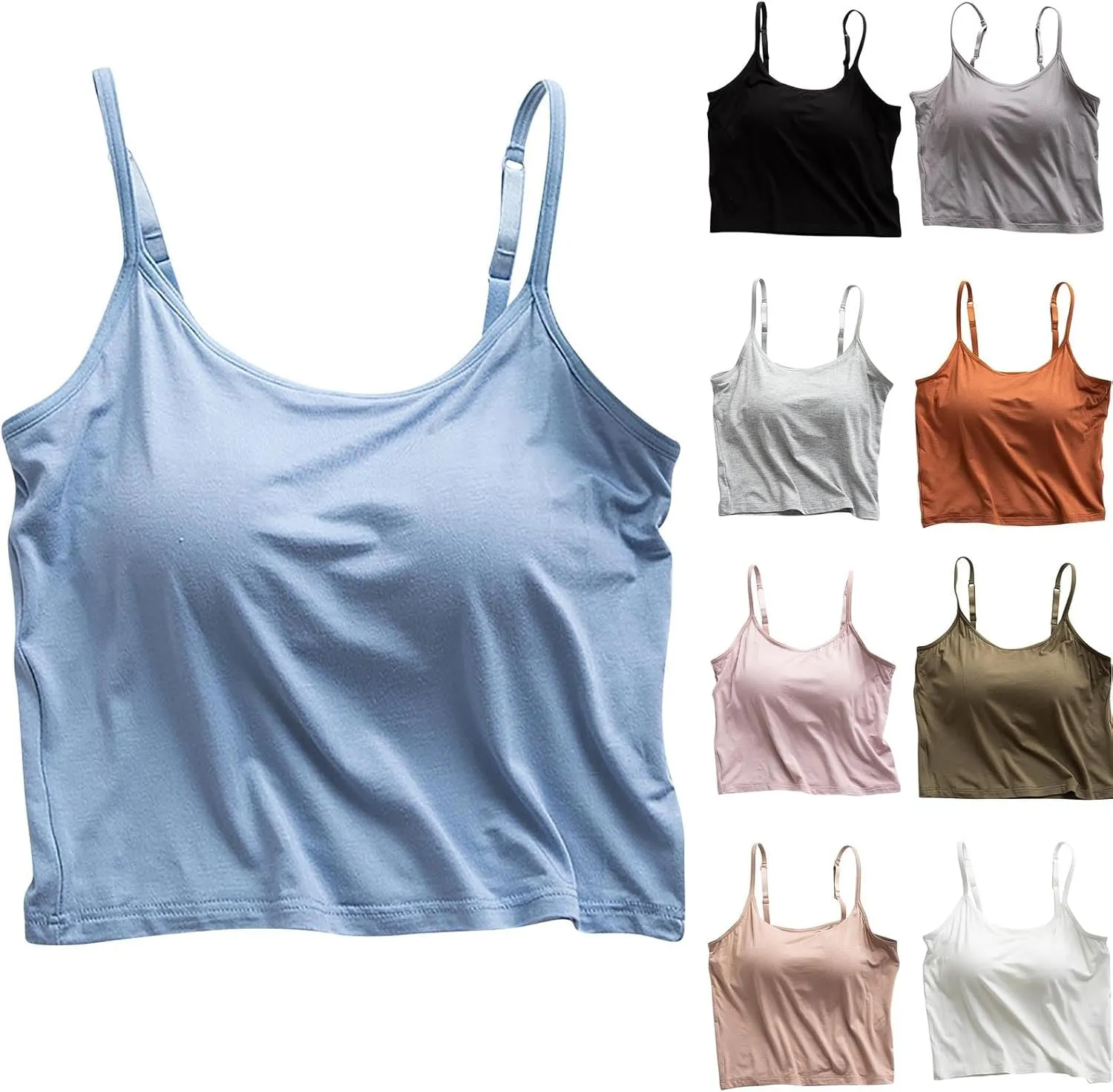 HGps8w Bulit-in-Bra Crop Tank Top for Women Spaghetti Straps Sleeveless Basic Undershirts Casual Summer Camisole Pajama Tops