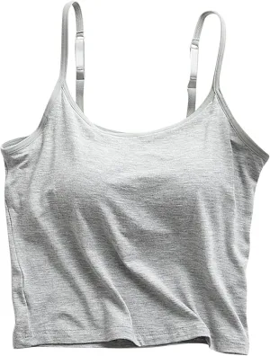 HGps8w Bulit-in-Bra Crop Tank Top for Women Spaghetti Straps Sleeveless Basic Undershirts Casual Summer Camisole Pajama Tops