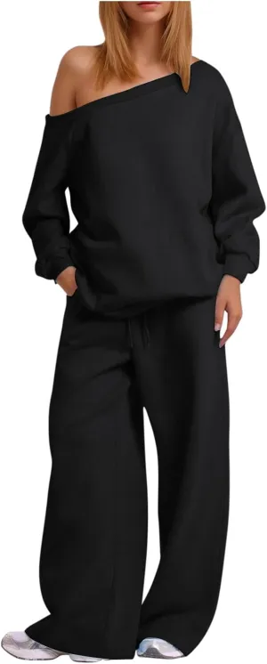 HGps8w Two Piece Outfits for Women Sexy Off Shoulder Sweatsuits Oversized Pullover Sweatshirt and Wide Leg Pants Lounge Sets