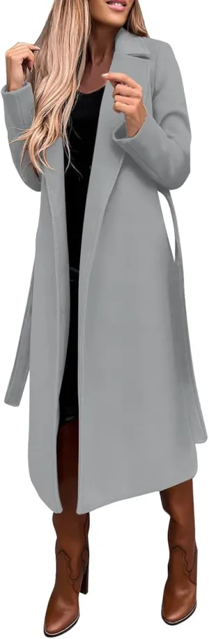 HGps8w Women's Faux Wool Coat Elegant Trench Long Jacket Ladies Slim Fit Long Belt Dressy Ring Master Overcoats