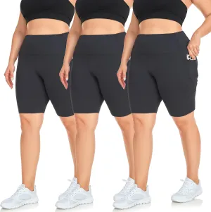 Hi Clasmix 3 Pack Plus Size Biker Shorts for Women(1X-4X)-High Waisted Non-See Through Workout Super Soft Black Yoga Shorts