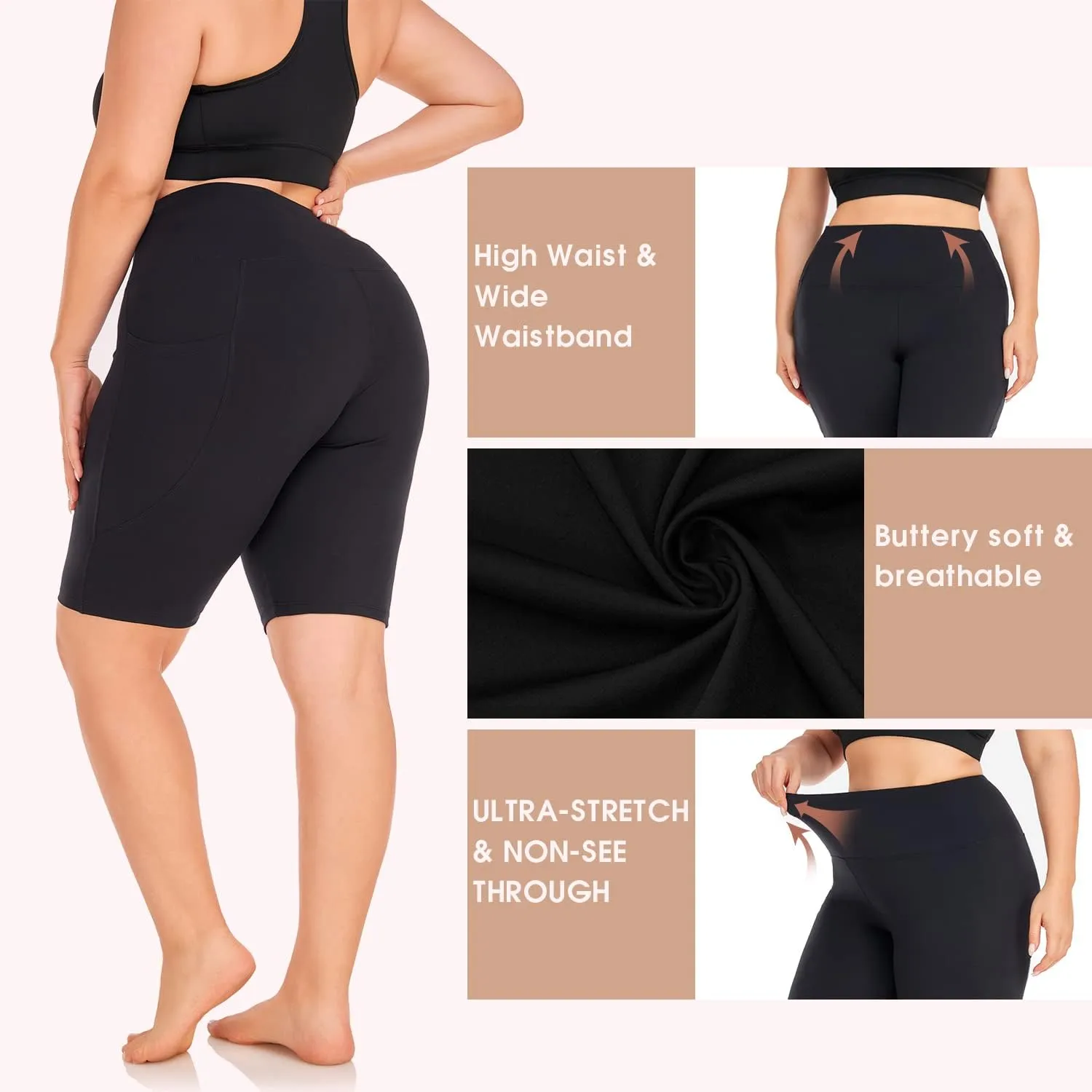Hi Clasmix 3 Pack Plus Size Biker Shorts for Women(1X-4X)-High Waisted Non-See Through Workout Super Soft Black Yoga Shorts