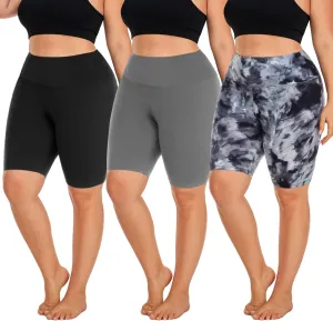 Hi Clasmix 3 Pack Plus Size Biker Shorts for Women(1X-4X)-High Waisted Non-See Through Workout Super Soft Black Yoga Shorts