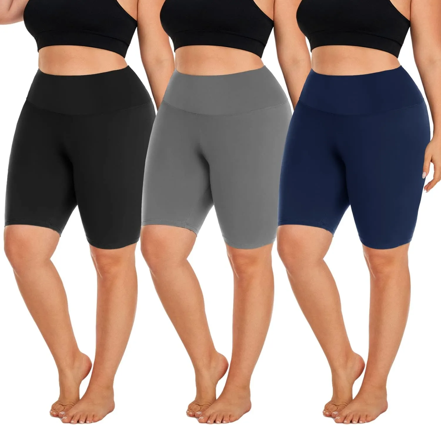 Hi Clasmix 3 Pack Plus Size Biker Shorts for Women(1X-4X)-High Waisted Non-See Through Workout Super Soft Black Yoga Shorts