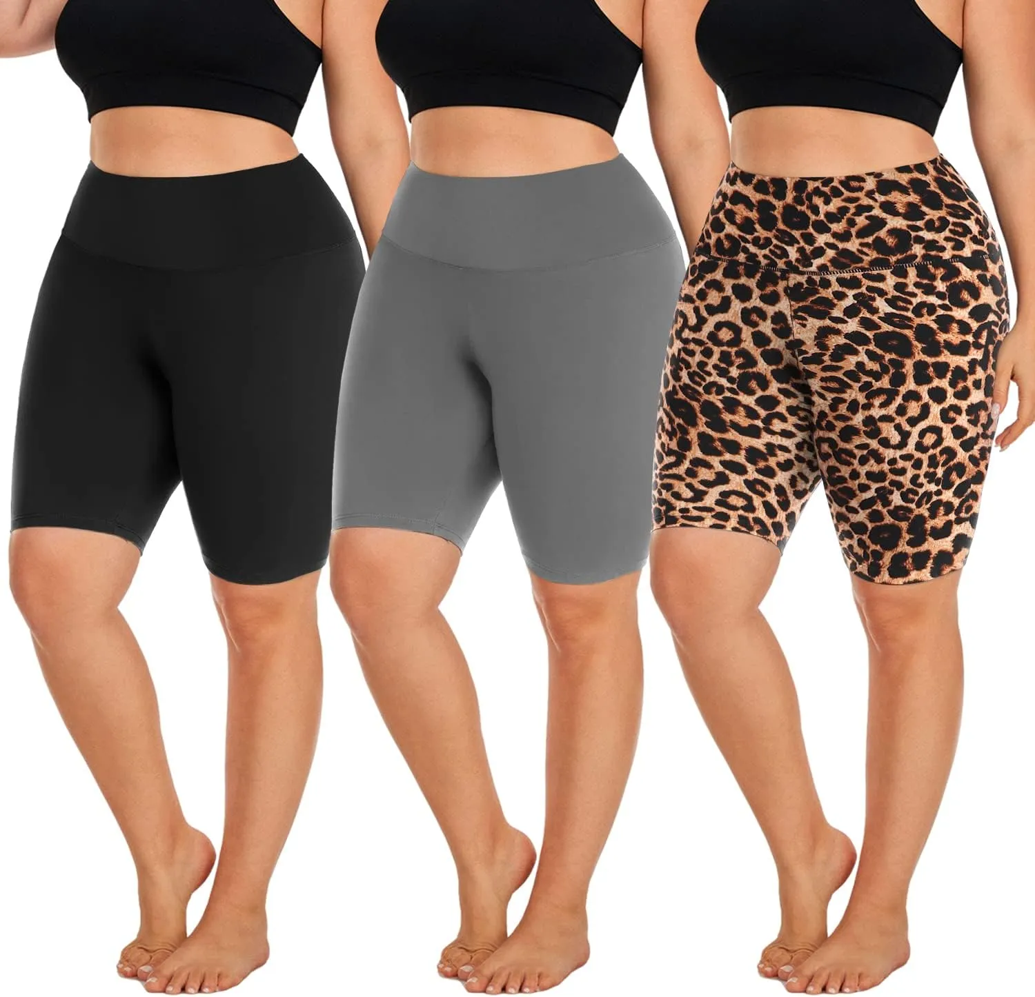 Hi Clasmix 3 Pack Plus Size Biker Shorts for Women(1X-4X)-High Waisted Non-See Through Workout Super Soft Black Yoga Shorts