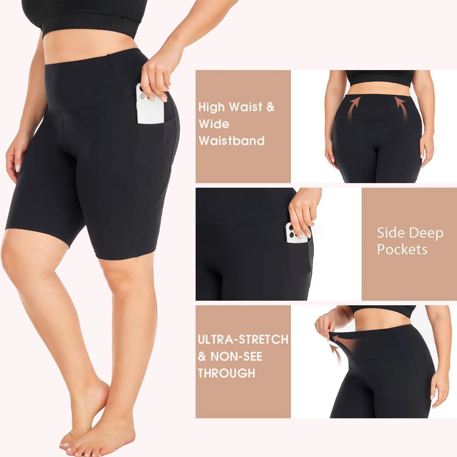 Hi Clasmix 3 Pack Plus Size Biker Shorts for Women(1X-4X)-High Waisted Non-See Through Workout Super Soft Black Yoga Shorts