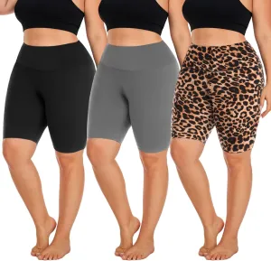Hi Clasmix 3 Pack Plus Size Biker Shorts for Women(1X-4X)-High Waisted Non-See Through Workout Super Soft Black Yoga Shorts
