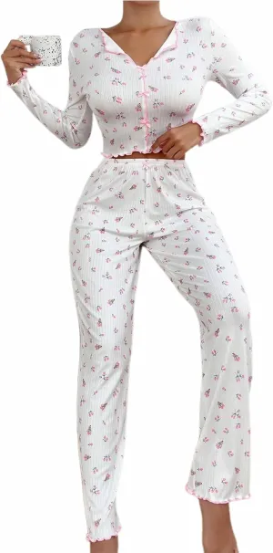 Hilinker Womens Cute Long Sleeve Pajama Set Ribbed Top and Pants Sleepwear 2 Piece Pjs