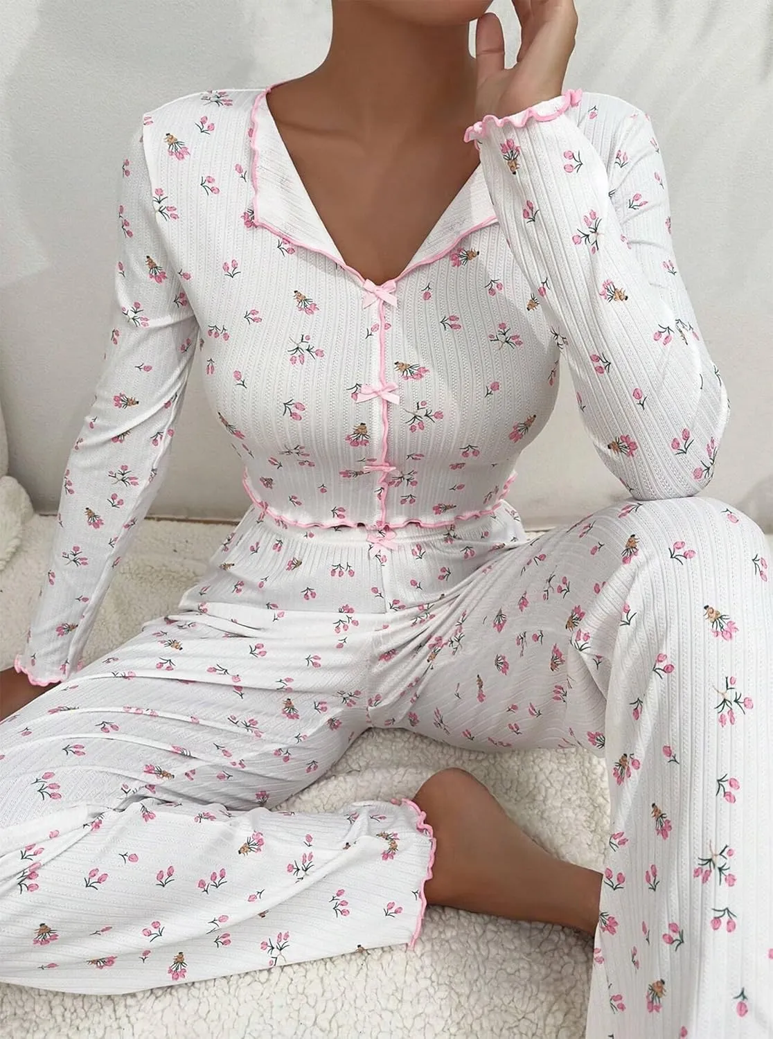 Hilinker Womens Cute Long Sleeve Pajama Set Ribbed Top and Pants Sleepwear 2 Piece Pjs