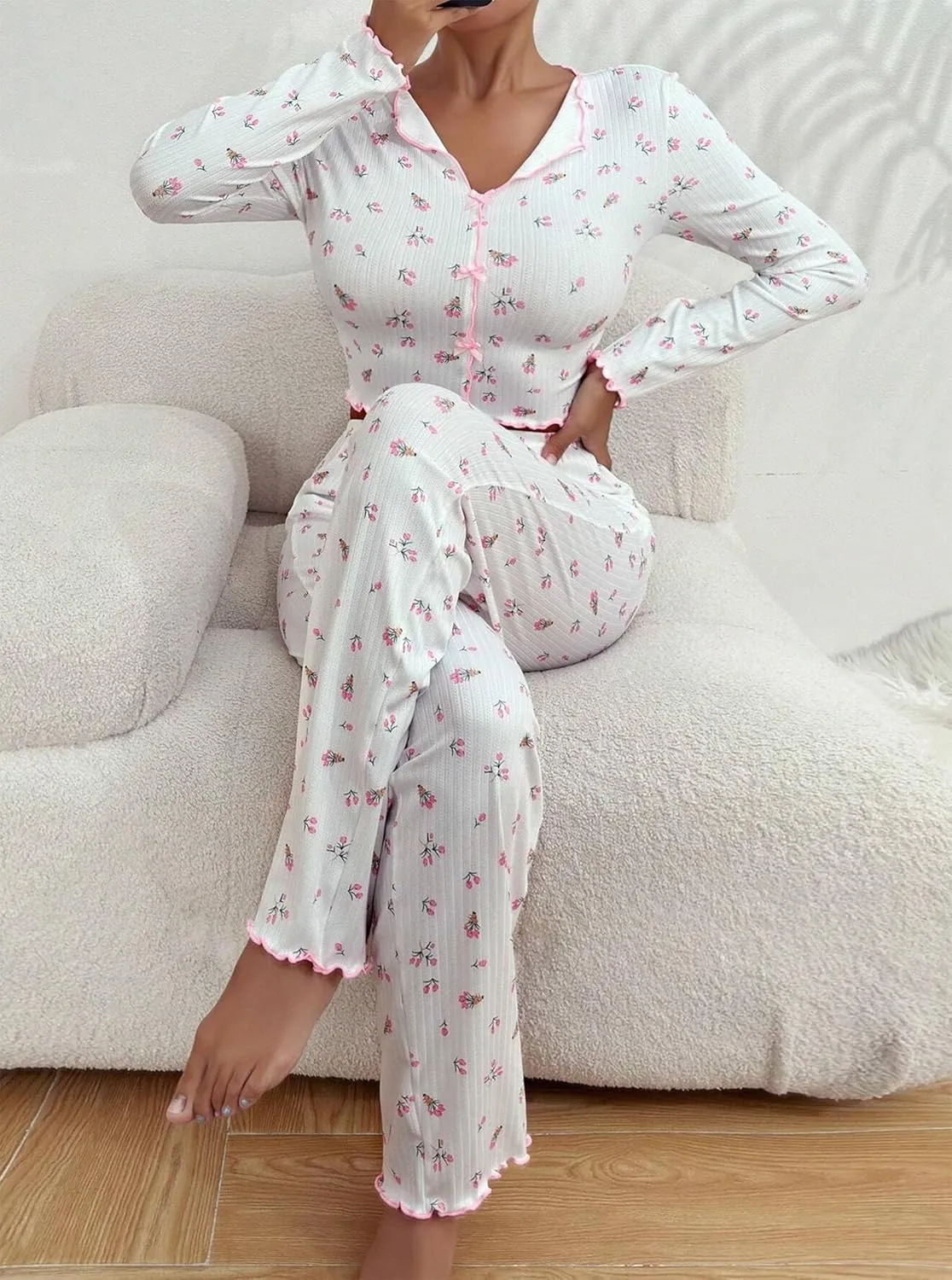 Hilinker Womens Cute Long Sleeve Pajama Set Ribbed Top and Pants Sleepwear 2 Piece Pjs