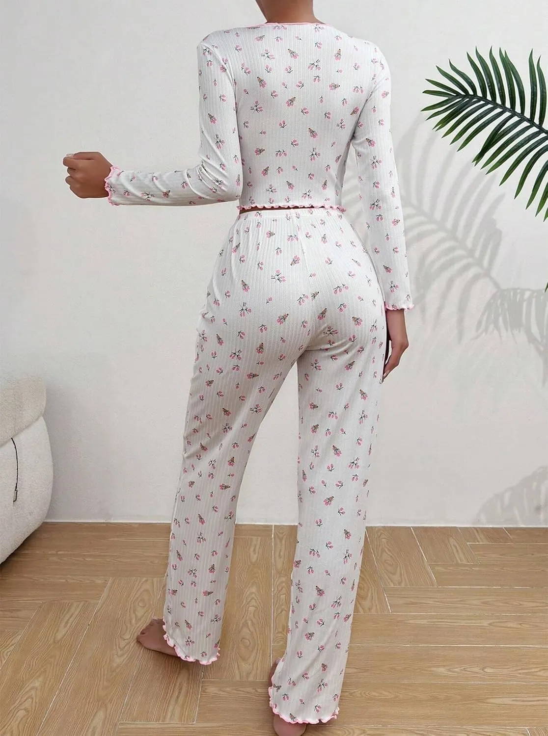 Hilinker Womens Cute Long Sleeve Pajama Set Ribbed Top and Pants Sleepwear 2 Piece Pjs