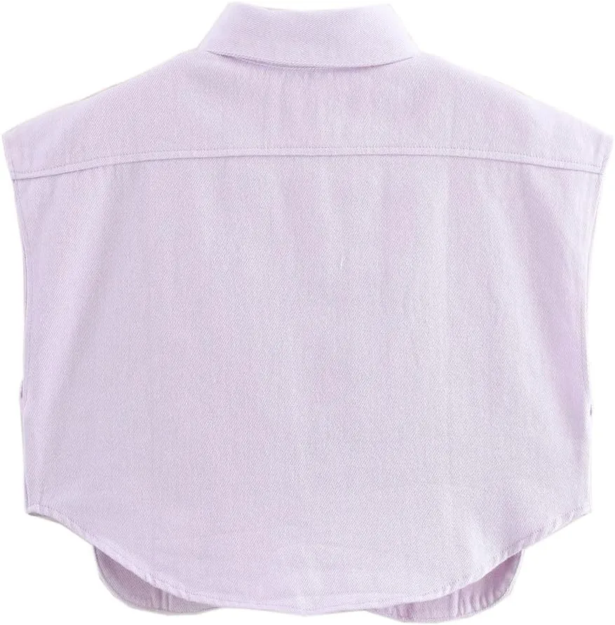 Hotmiss Womens Cropped Button Down Shirt Summer Collared Sleeveless Loose Denim Top with Pockets