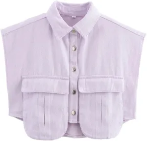 Hotmiss Womens Cropped Button Down Shirt Summer Collared Sleeveless Loose Denim Top with Pockets