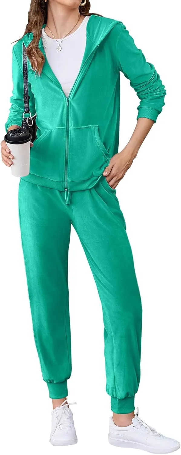 HOTOUCH Womens Casual Velour Tracksuit Set Full Zipper Hoodie Workout Pants Velvet Sweatsuit Jogging Suits XS-XXL