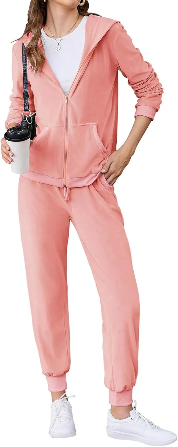HOTOUCH Womens Casual Velour Tracksuit Set Full Zipper Hoodie Workout Pants Velvet Sweatsuit Jogging Suits XS-XXL