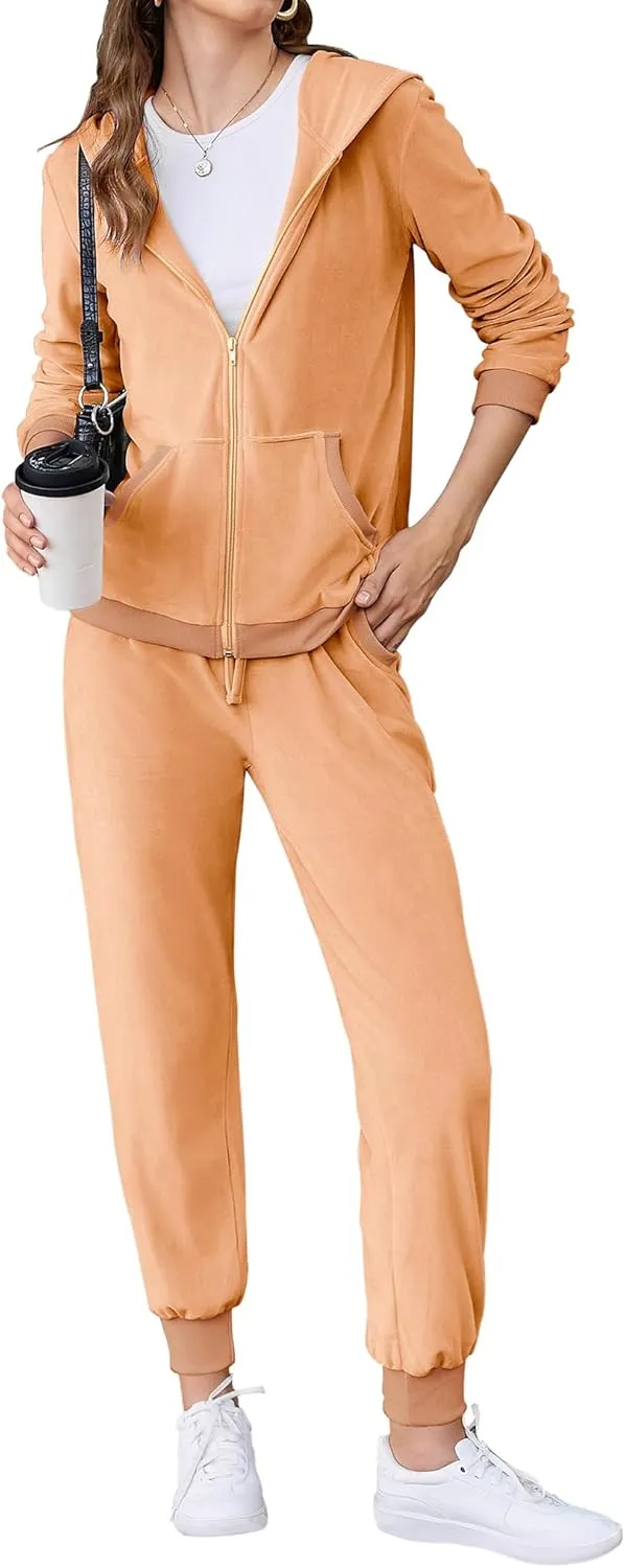HOTOUCH Womens Casual Velour Tracksuit Set Full Zipper Hoodie Workout Pants Velvet Sweatsuit Jogging Suits XS-XXL