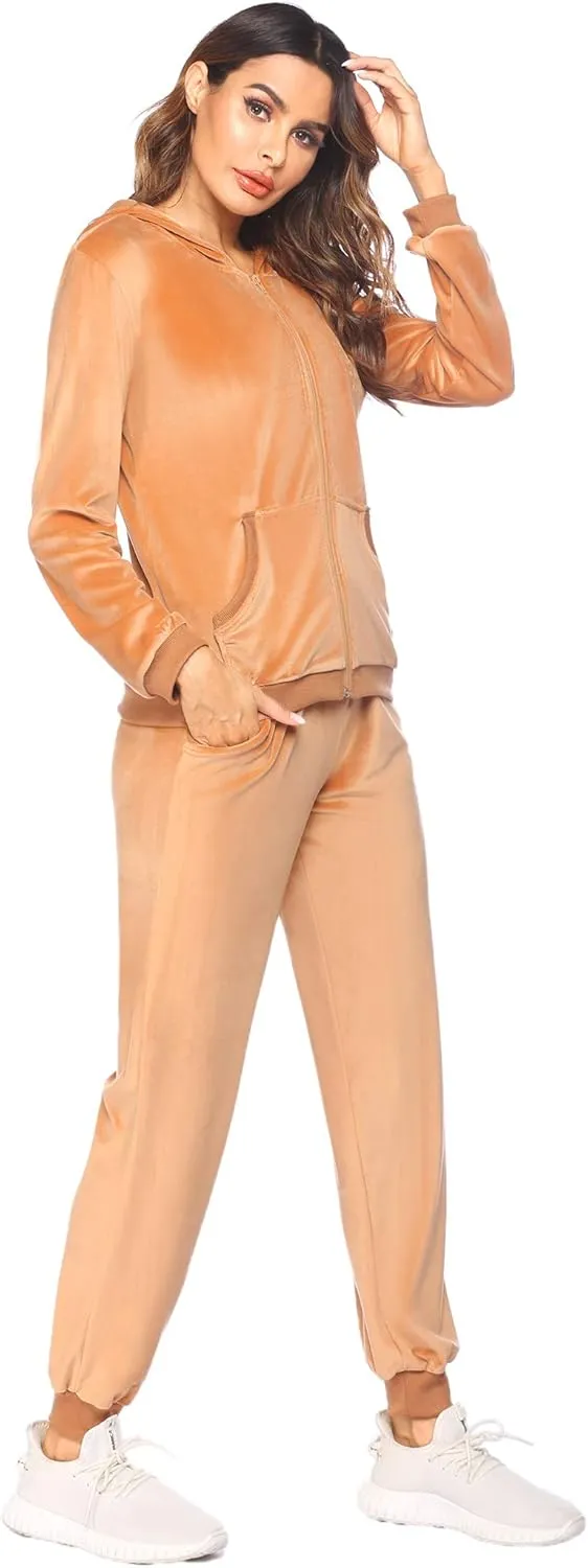 HOTOUCH Womens Casual Velour Tracksuit Set Full Zipper Hoodie Workout Pants Velvet Sweatsuit Jogging Suits XS-XXL