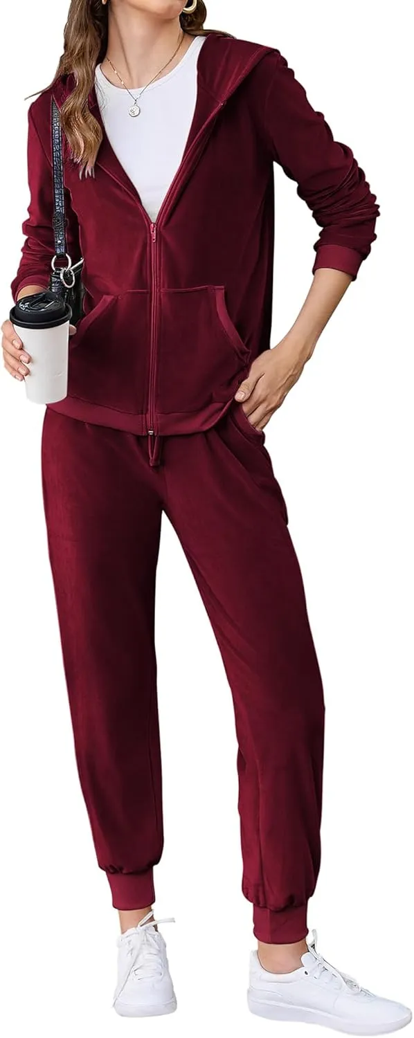 HOTOUCH Womens Casual Velour Tracksuit Set Full Zipper Hoodie Workout Pants Velvet Sweatsuit Jogging Suits XS-XXL
