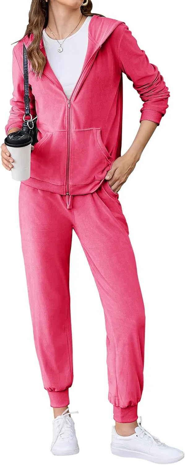 HOTOUCH Womens Casual Velour Tracksuit Set Full Zipper Hoodie Workout Pants Velvet Sweatsuit Jogging Suits XS-XXL