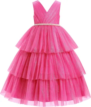 IBTOM CASTLE Flower Girl Dress Kids Birthday Dress Ruffle Pearls Tiered Tulle Party Dress Wedding Gown Prom