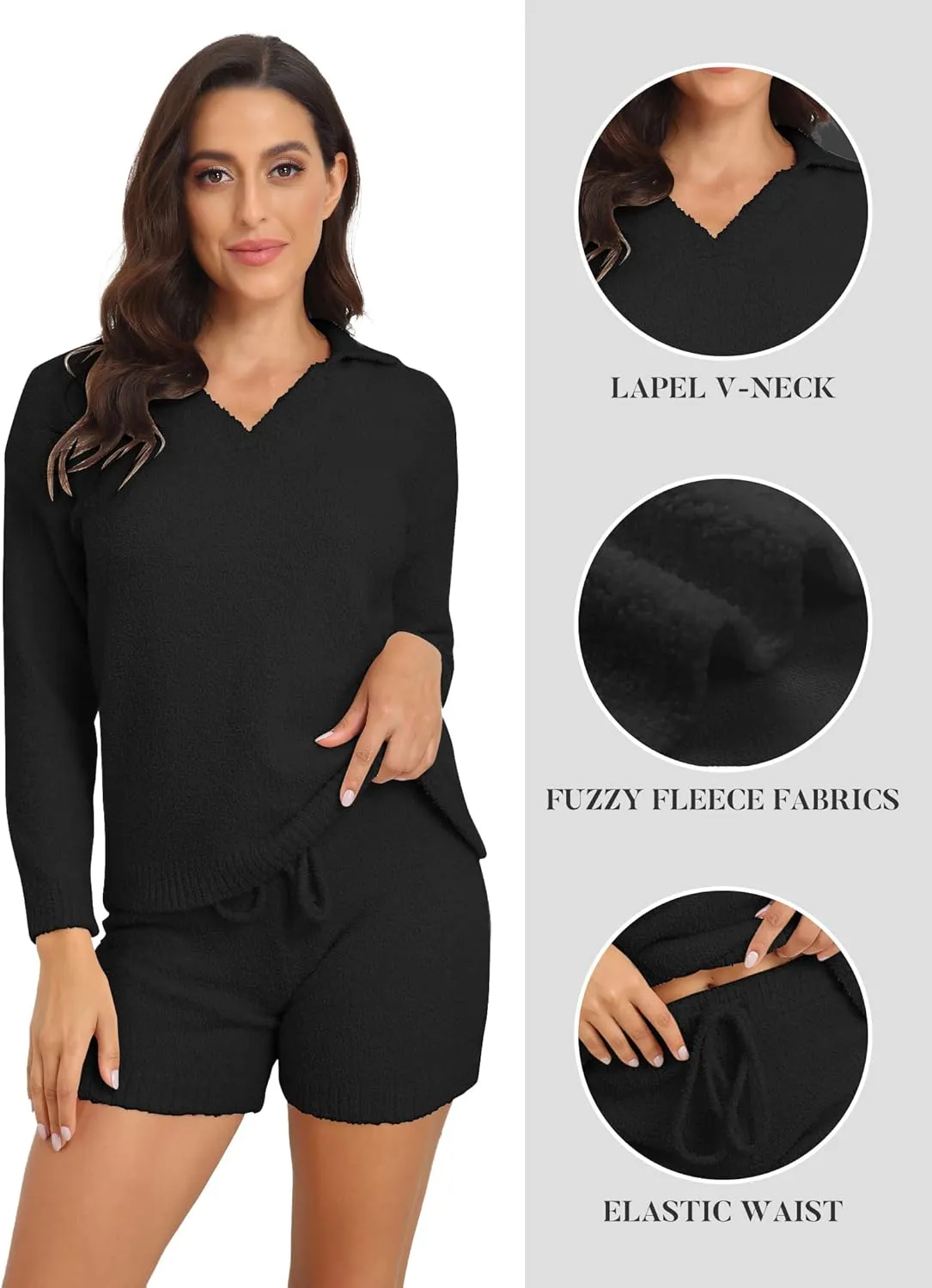 iChunhua Women's Fuzzy Long Sleeve Knit Top and Shorts Sweater Outfits Sets Nightwear Lounge Pajama Set with Drawstring