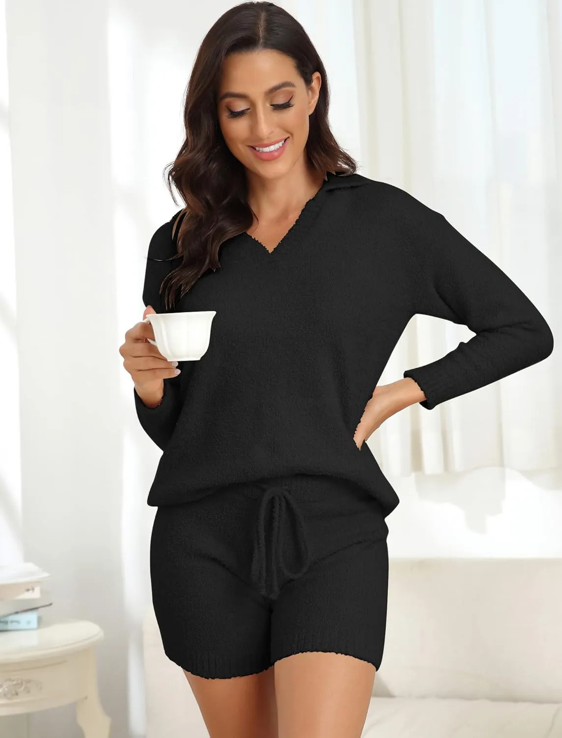 iChunhua Women's Fuzzy Long Sleeve Knit Top and Shorts Sweater Outfits Sets Nightwear Lounge Pajama Set with Drawstring
