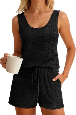 Imily Bela Womens Pajama Sets 2 Piece Sleeveless Summer Pjs Ribbed Knit Tank Top and Shorts Cute Lounge Sleepwear