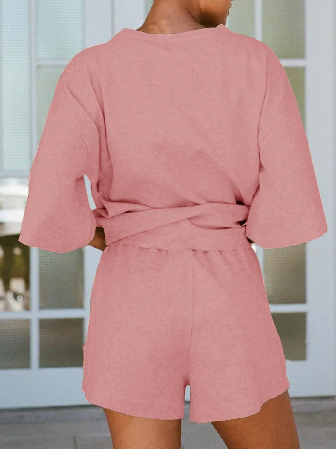 JAWINT Womens 2 Piece Sets Outfits Casual 3/4 Sleeve Tops Oversized Shirts Elastic Waist Shorts Lounge Pajama Sets