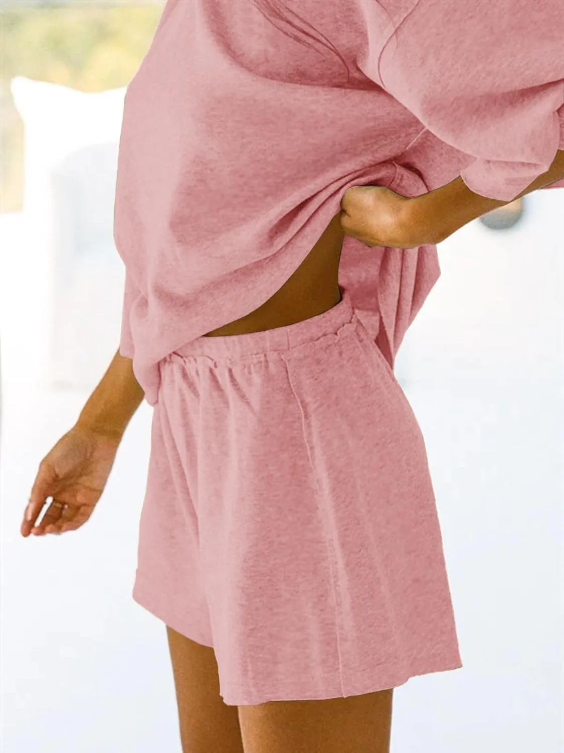 JAWINT Womens 2 Piece Sets Outfits Casual 3/4 Sleeve Tops Oversized Shirts Elastic Waist Shorts Lounge Pajama Sets